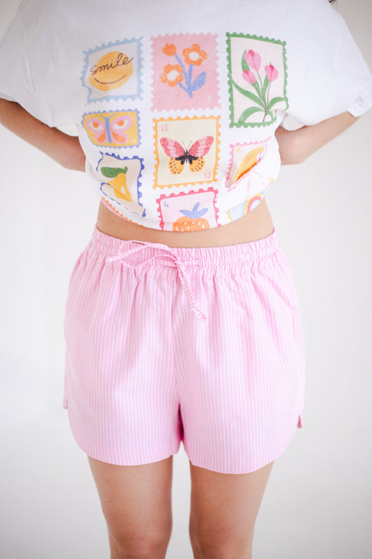 Pink & White Striped Dolphin Hem Shorts
