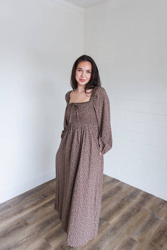 Brown Ditsy Floral Midi Smocked Dress