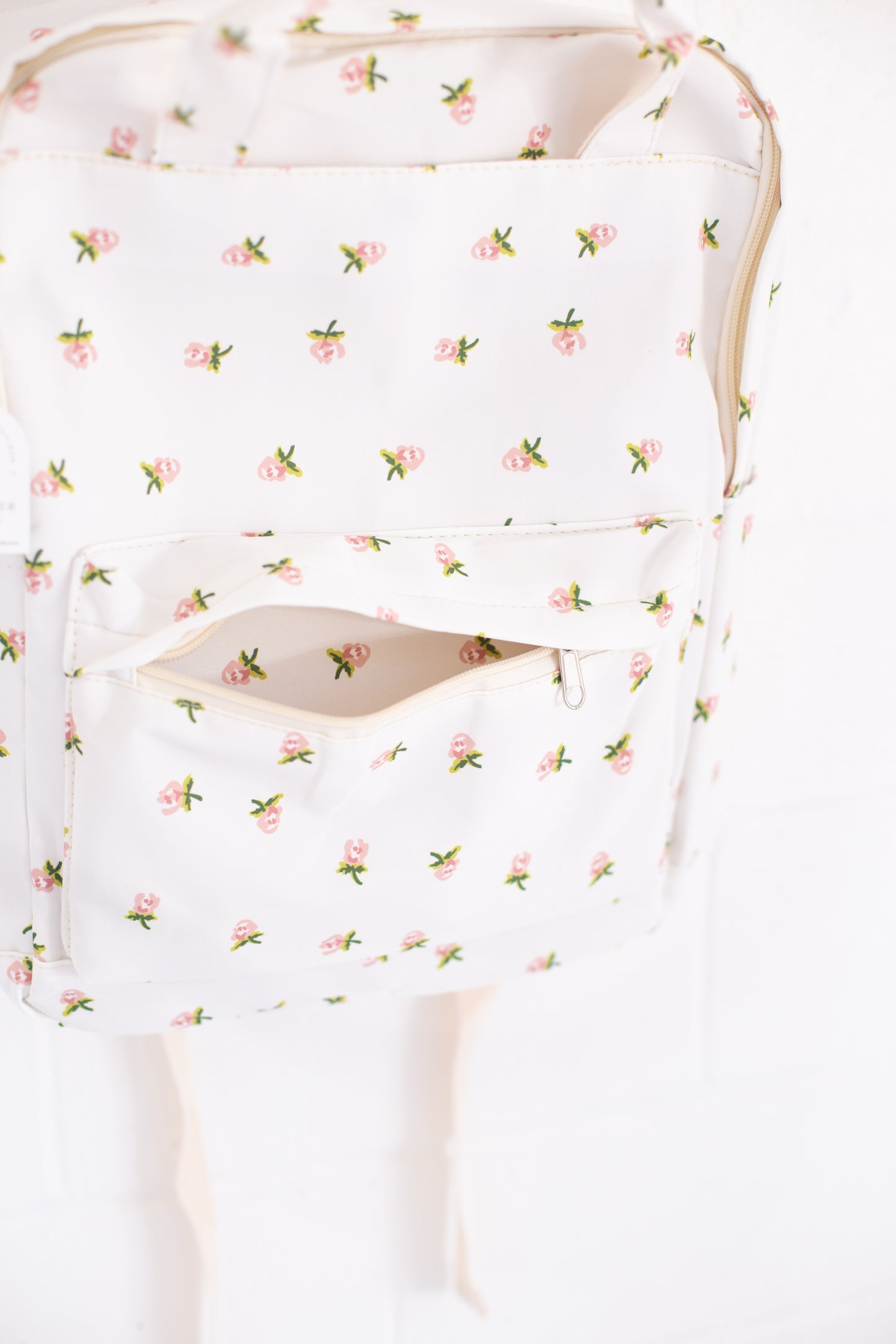 Cream Rose Print Canvas Backpack