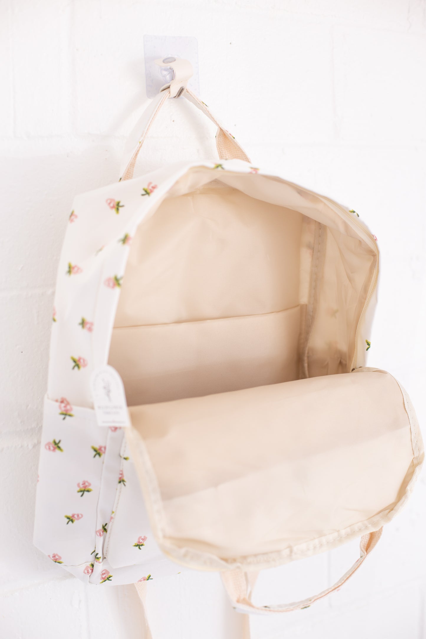Cream Rose Print Canvas Backpack
