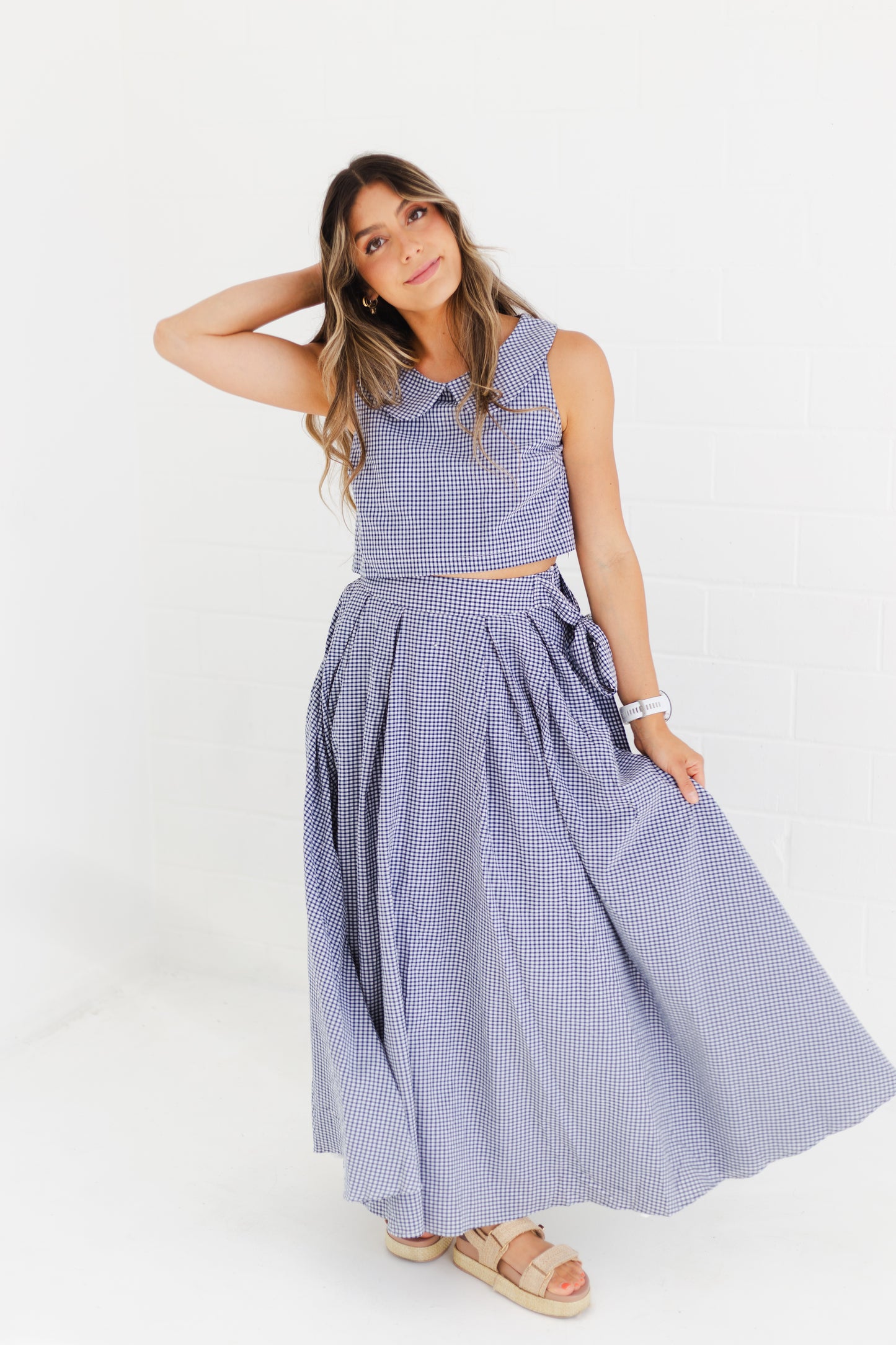 Navy Sleeveless Collar Top & Skirt Set