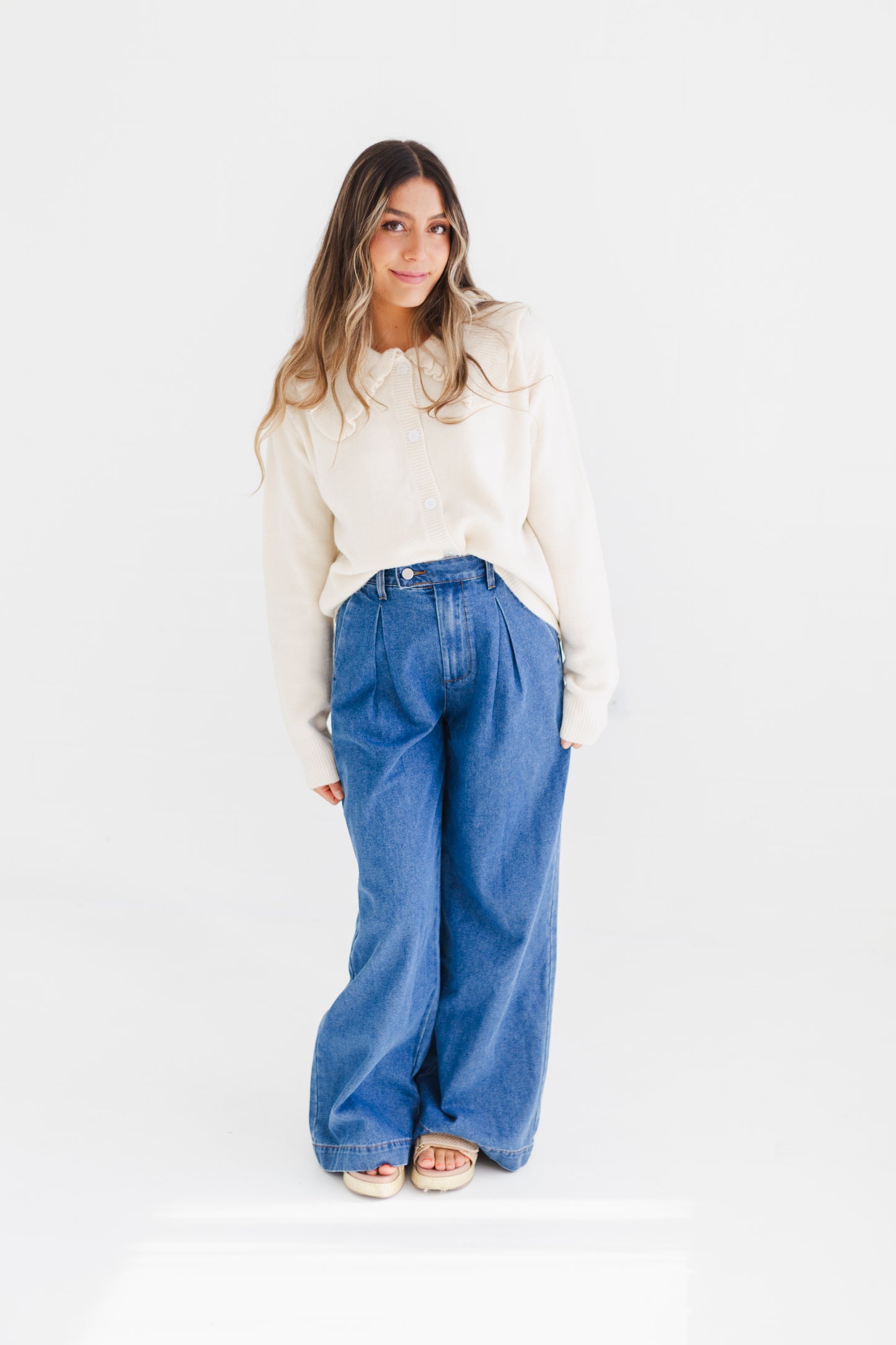 Medium Denim Pleated Wide Leg Denim Trousers
