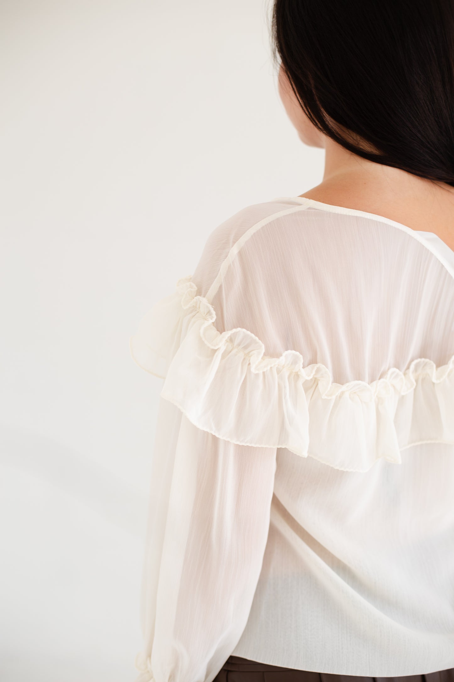 Ivory Sheer Long Sleeve Ties Ruffled Lace Blouse