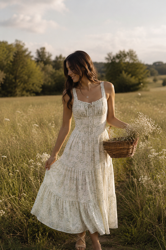 Ivory Green Floral Midi Dress