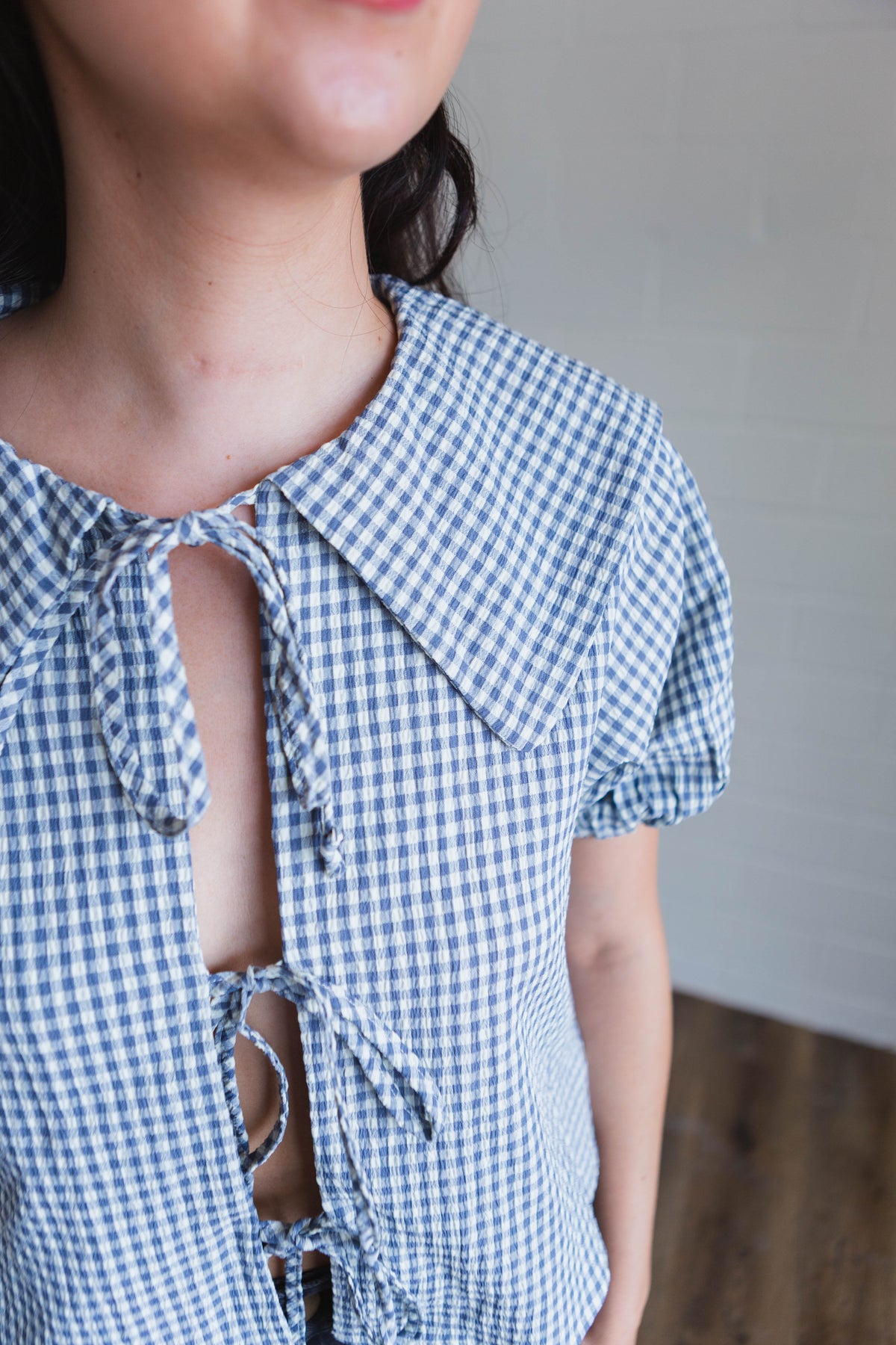 Blue Gingham Patterned Bow Tie Top