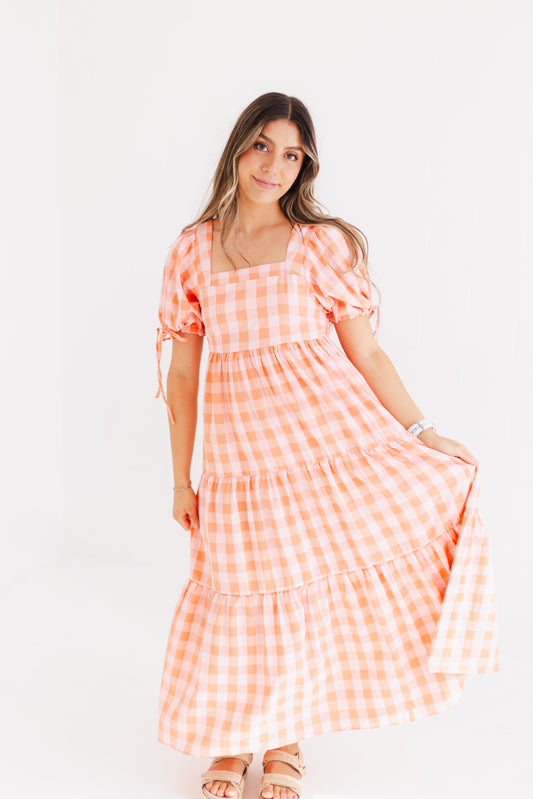 Salmon Check Patterned Puff Sleeve Maxi Dress