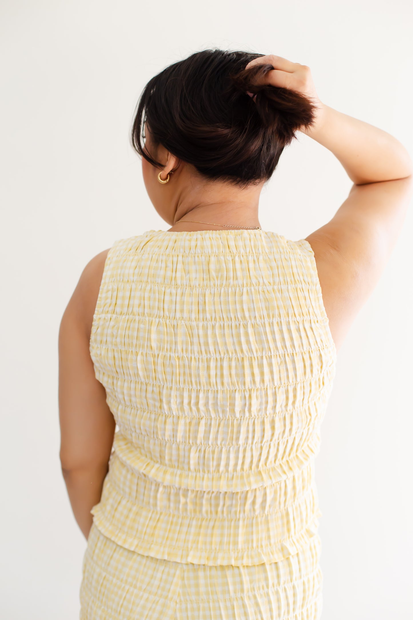 Light Yellow Round Neck Shirring Gingham Top