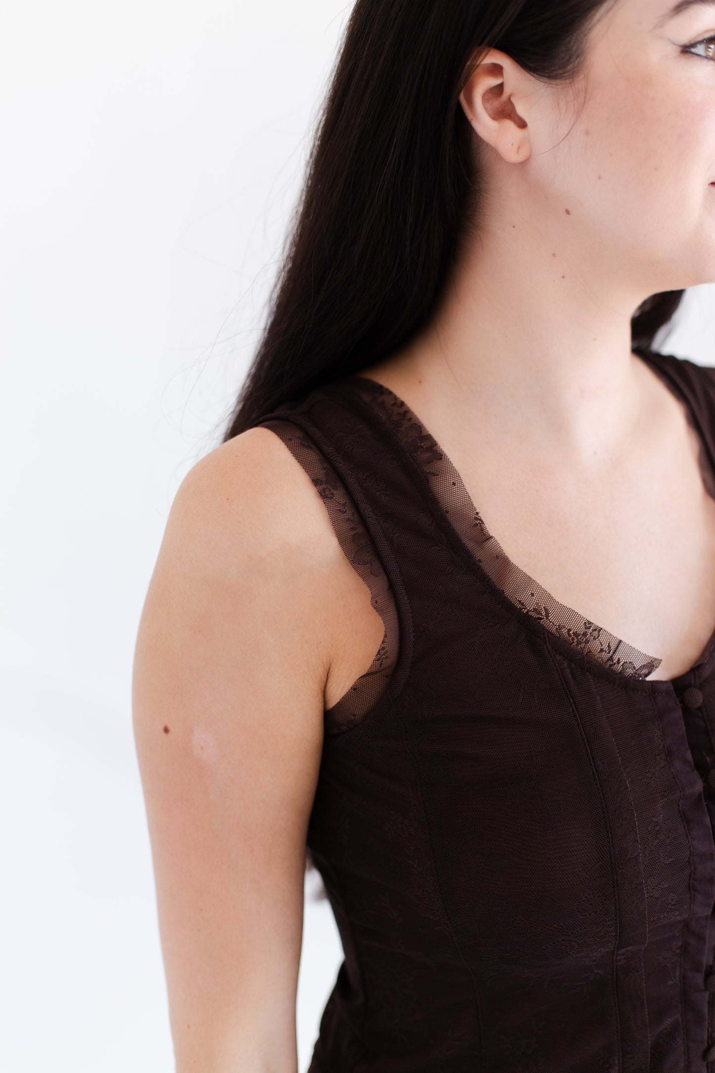 Chocolate Mesh Lace Button Down Sleeveless Top