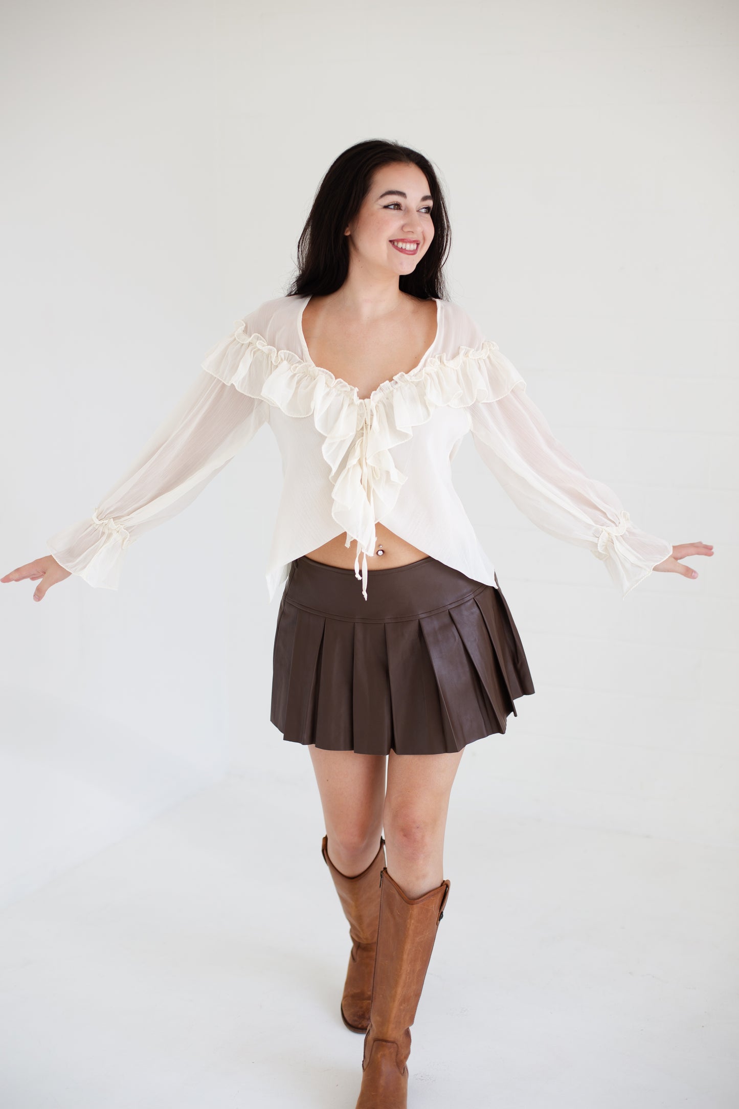 Ivory Sheer Long Sleeve Ties Ruffled Lace Blouse