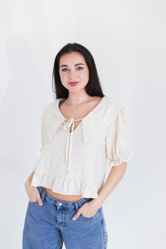 Natural Fablewood Embroidered Collar Top