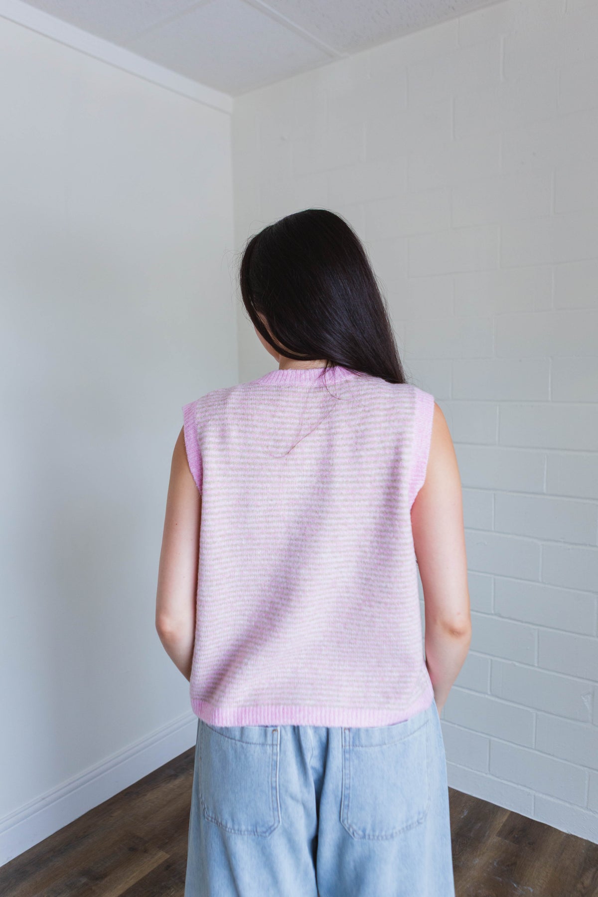 Pink & Taupe Striped Sweater Vest