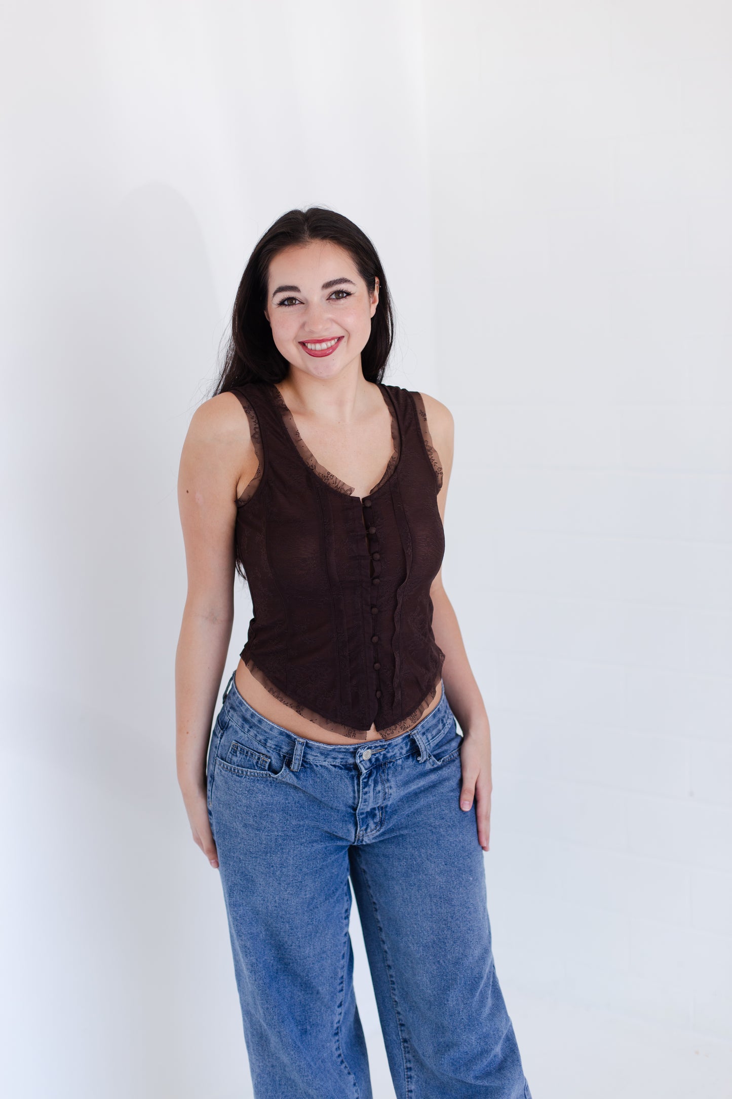 Chocolate Mesh Lace Button Down Sleeveless Top