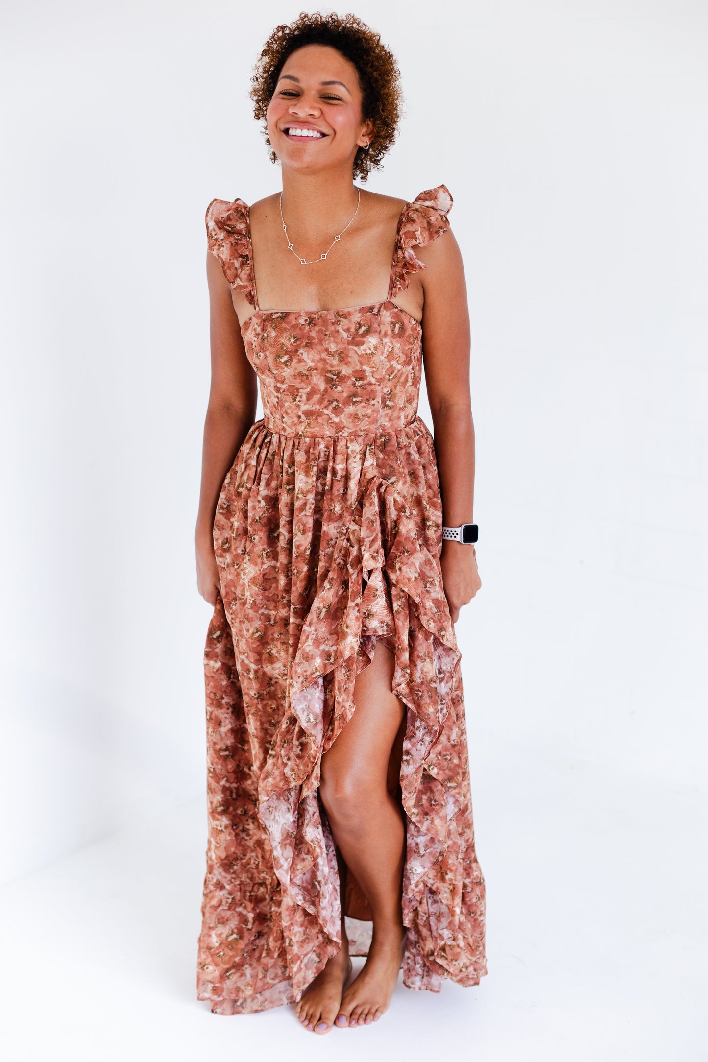 Brown Romantic Floral Print Maxi Dress