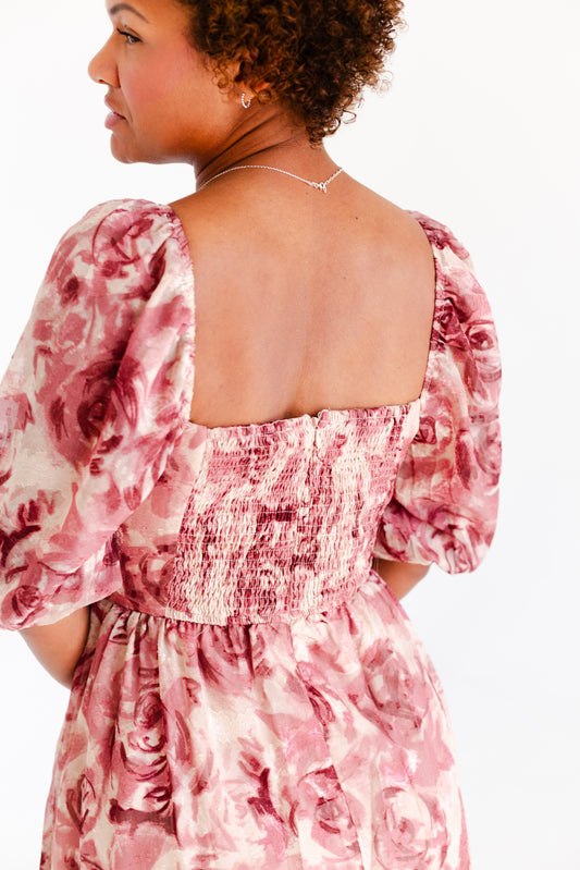 Beige Mauve Floral Textured Jacquared Midi Dress