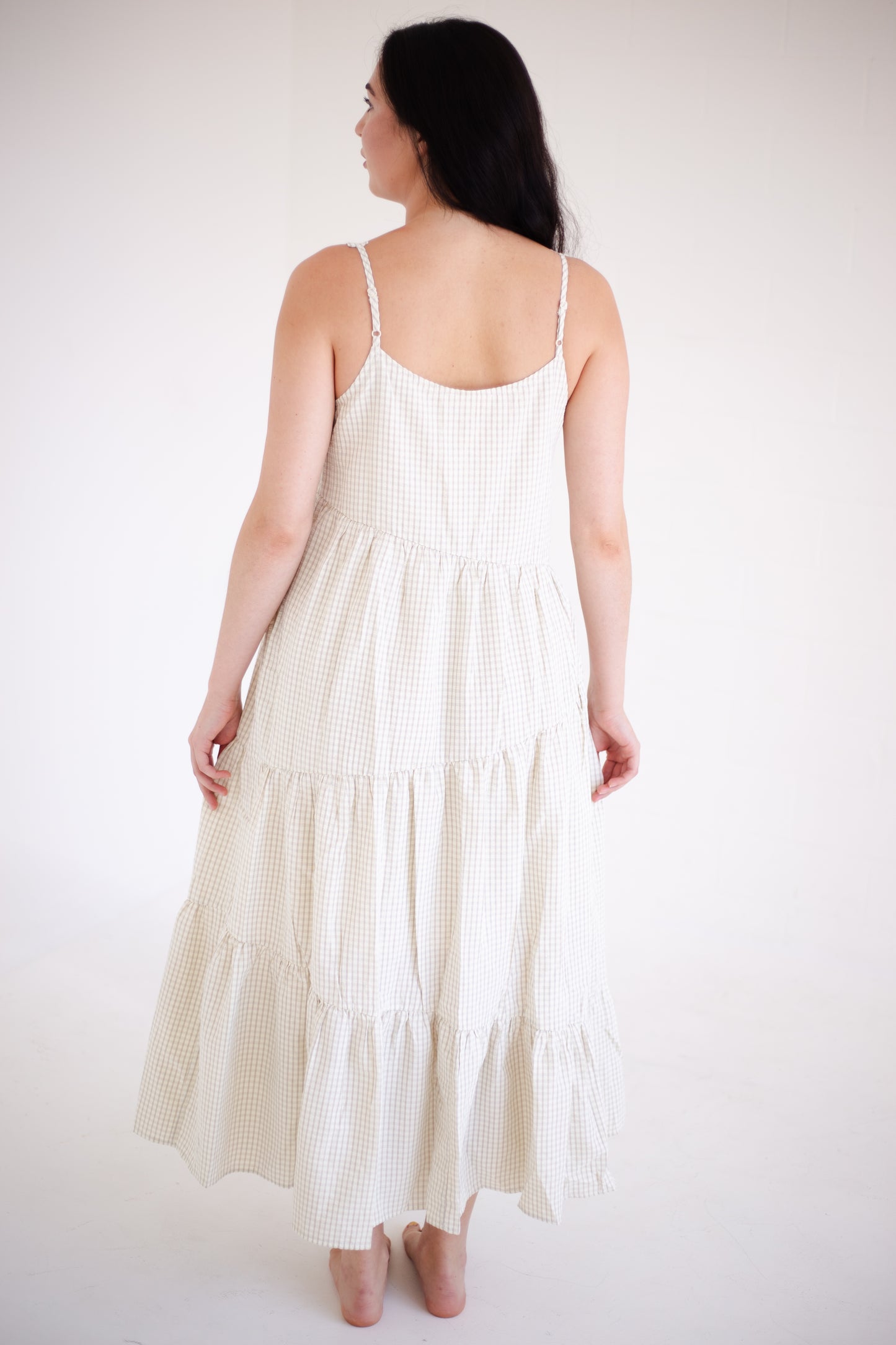 Taupe & Cream Plaid Asymmetrical Tiered Midi Dress