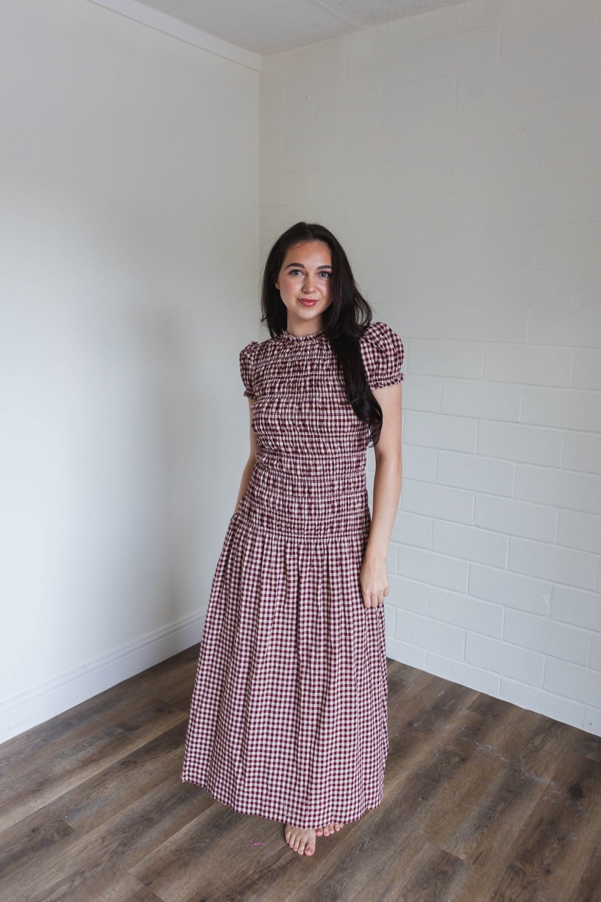 Burgundy Taupe Gingham Maxi Dress