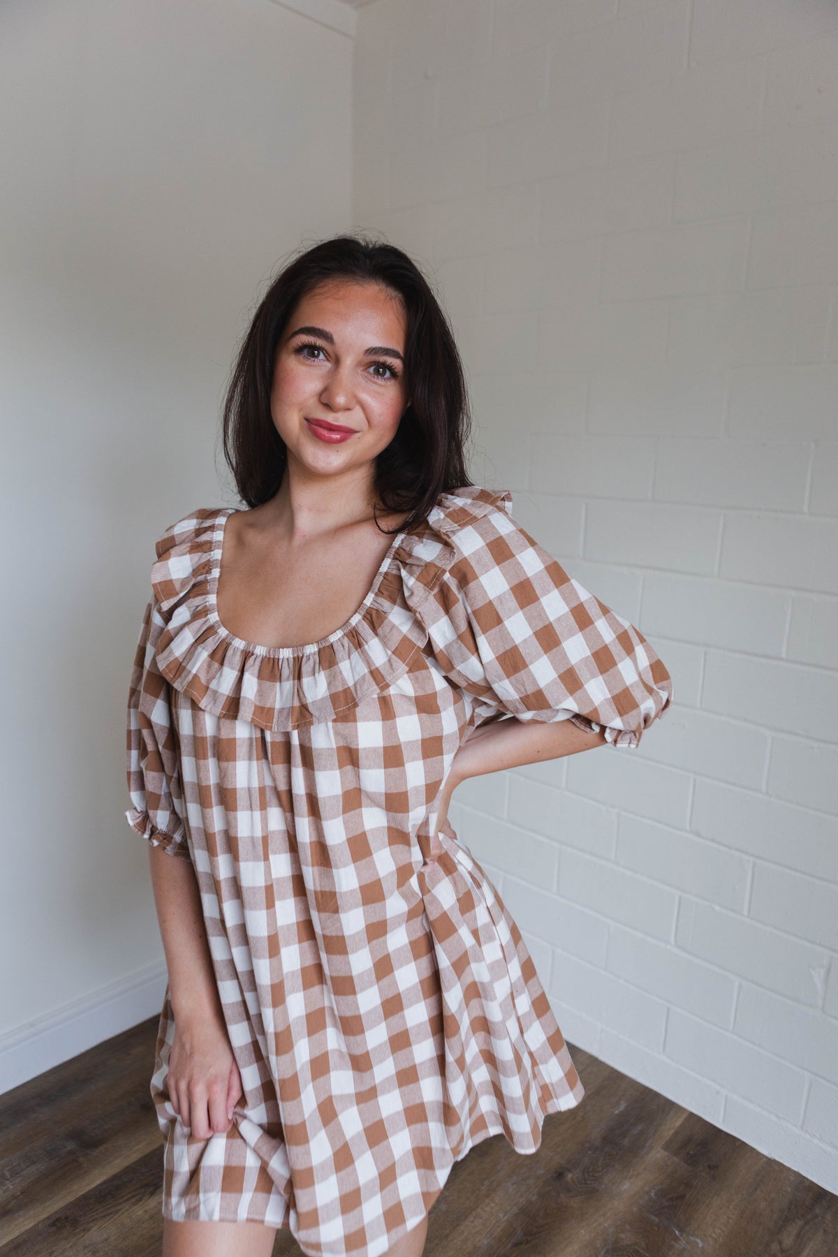 Mocha & White Gingham Ruffled Mini Dress