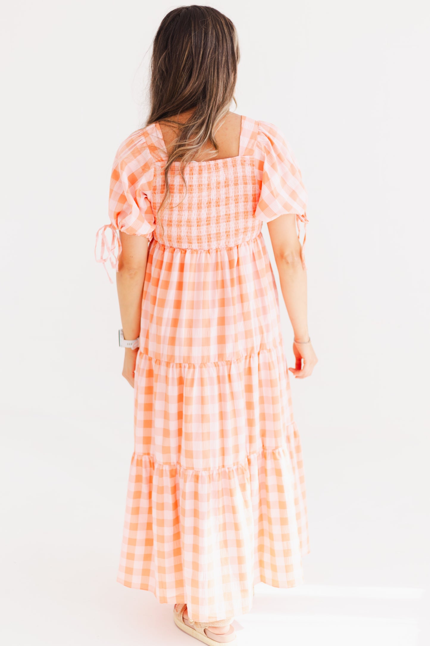 Salmon Check Patterned Puff Sleeve Maxi Dress