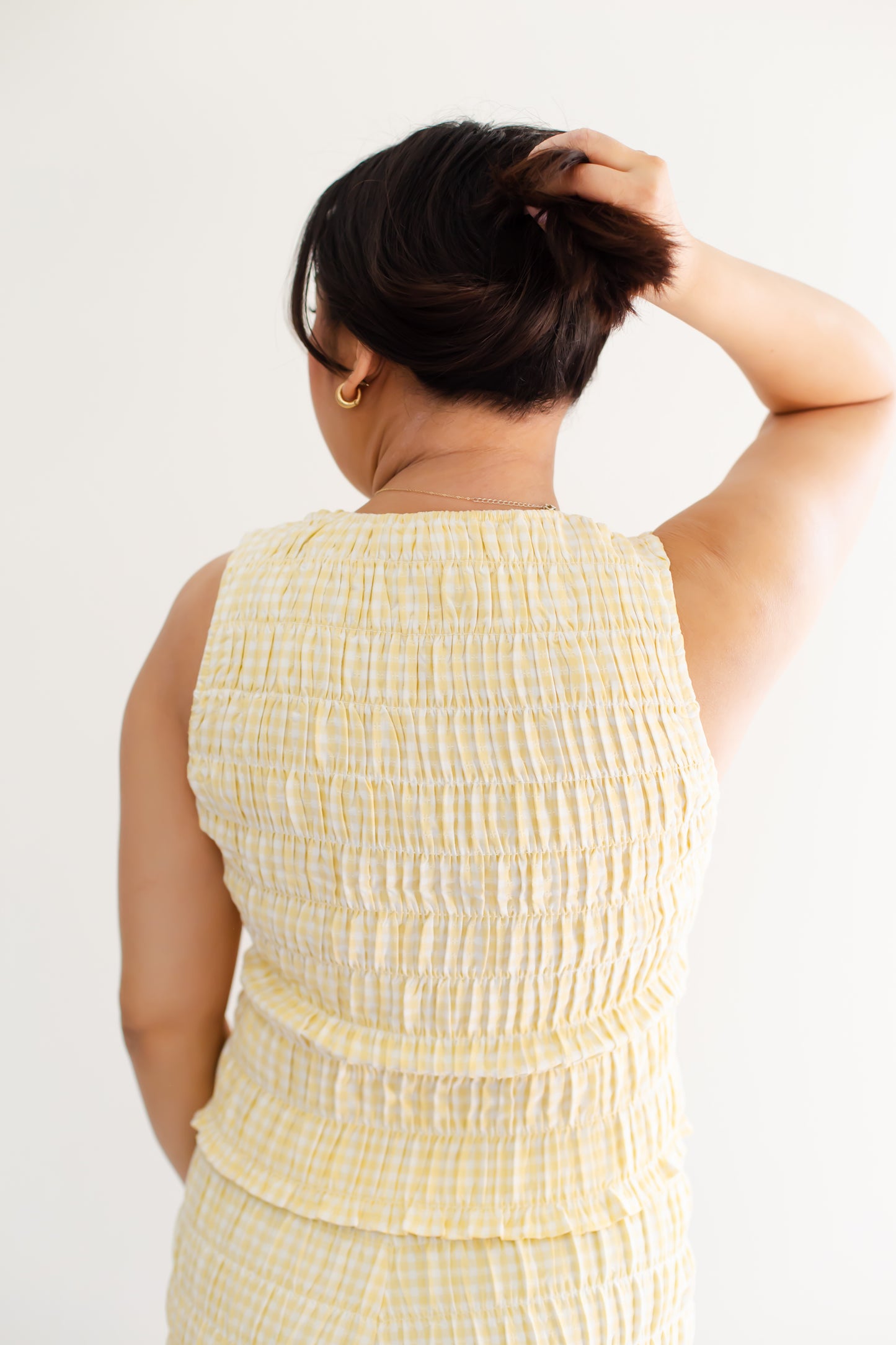 Light Yellow Round Neck Shirring Gingham Top