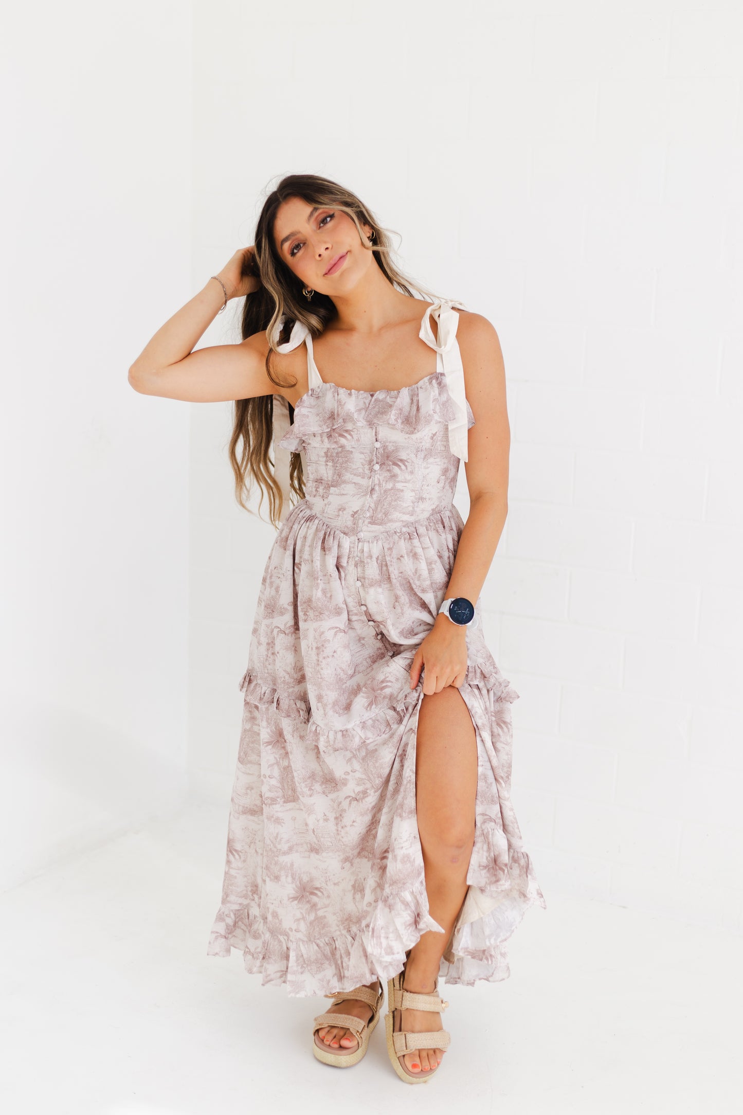 Brown Printed Linen Contrast Shoulder Strap Midi Dress