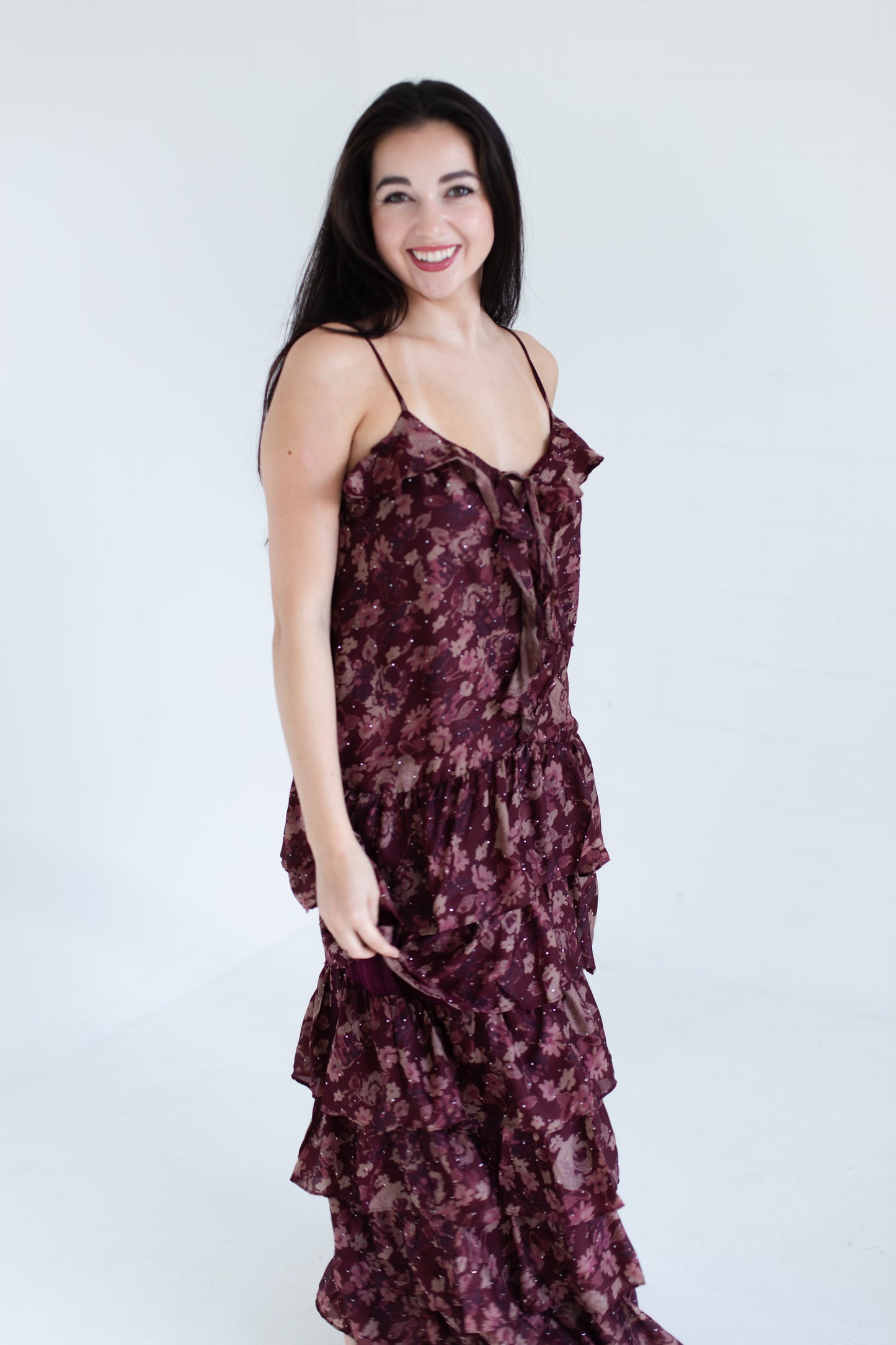 Wine Floral Print Ruffle Tiered Maxi