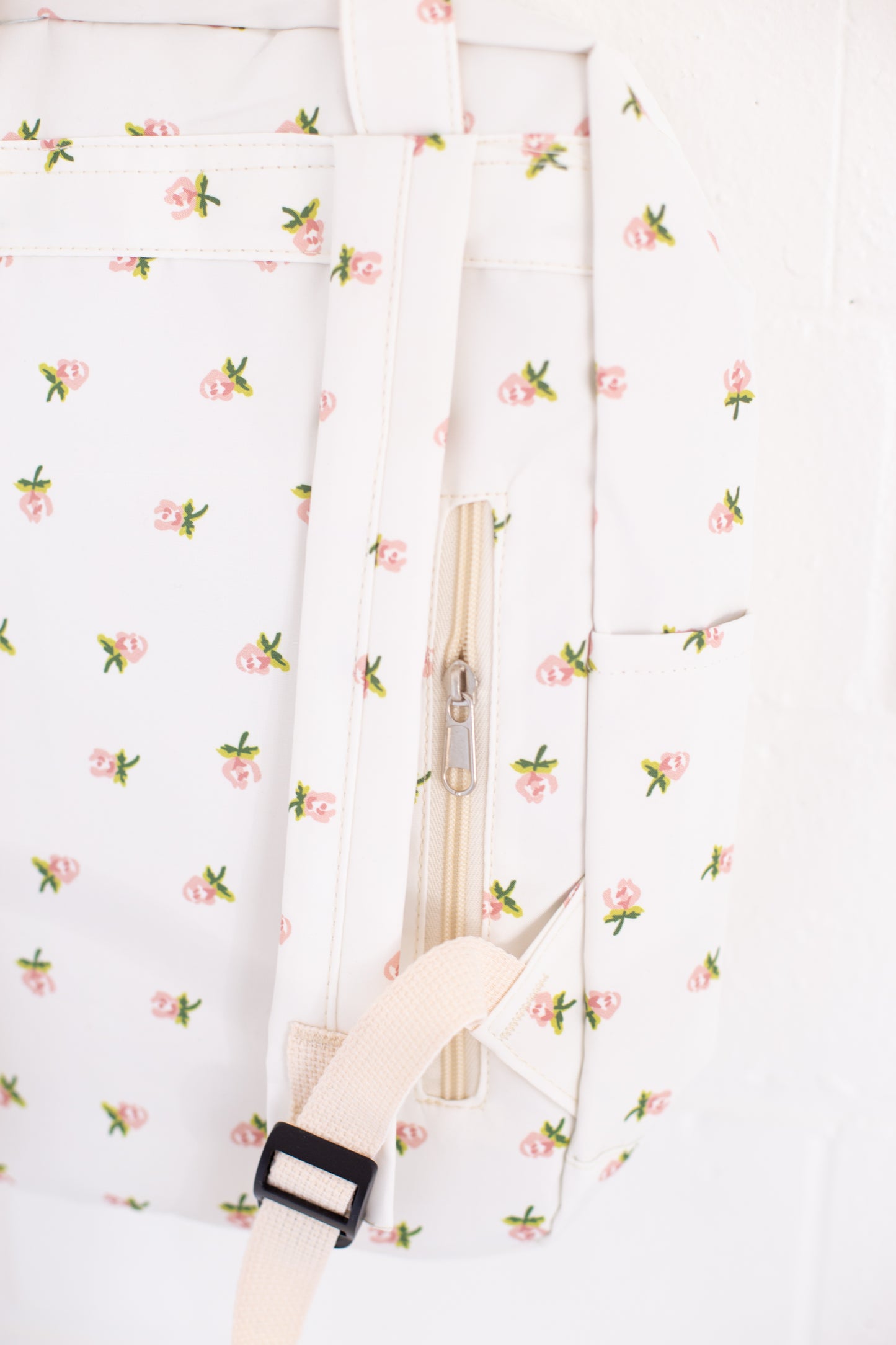 Cream Rose Print Canvas Backpack