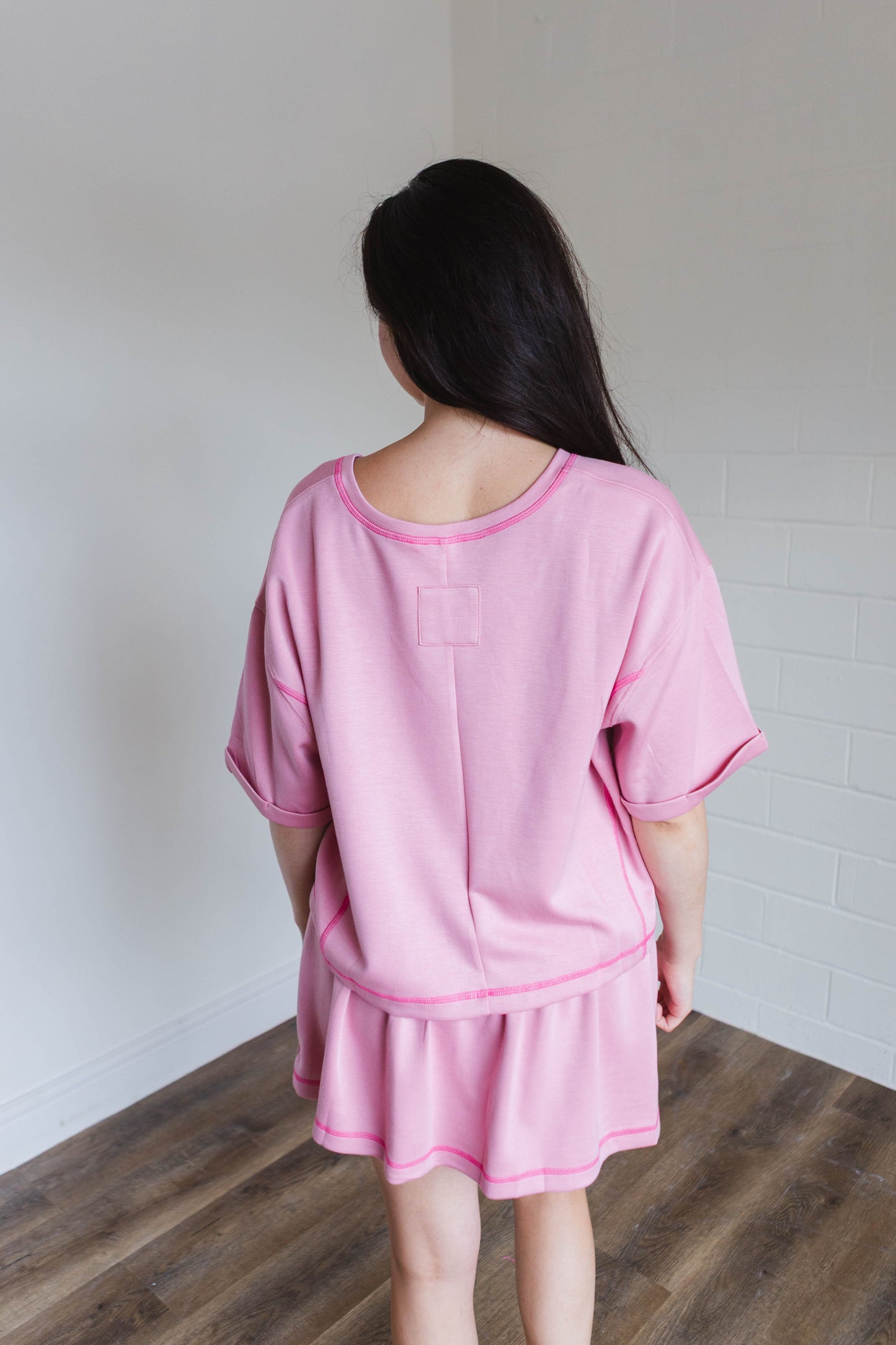 Soft Knit V-Neck Short Sleeve Set in Light Pink
