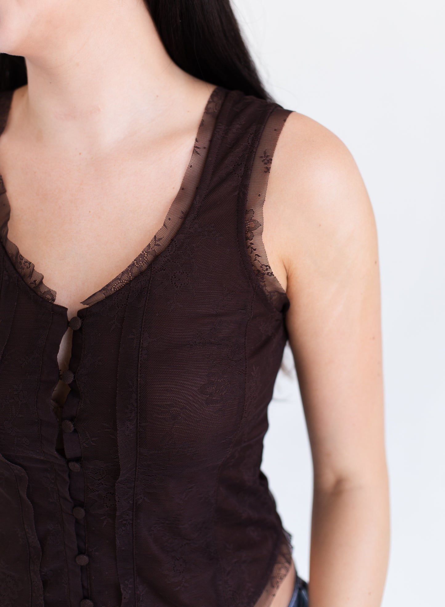 Chocolate Mesh Lace Button Down Sleeveless Top