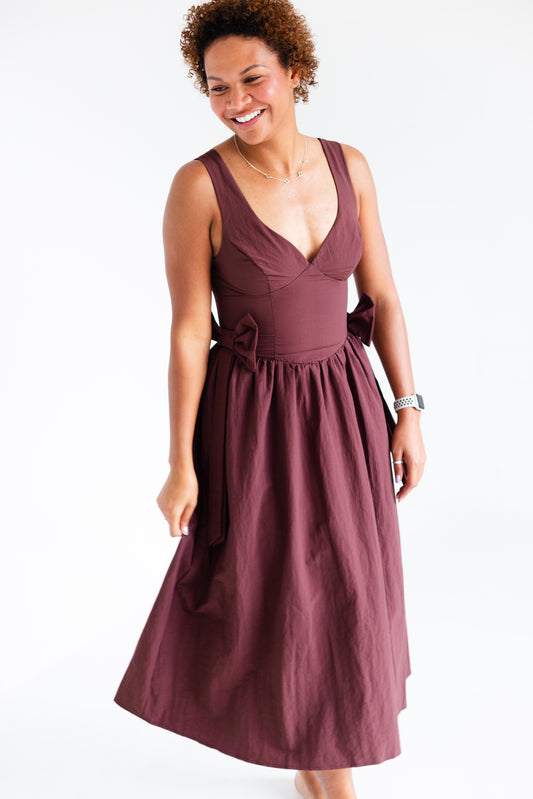Brown Bow Detail Midi Dress