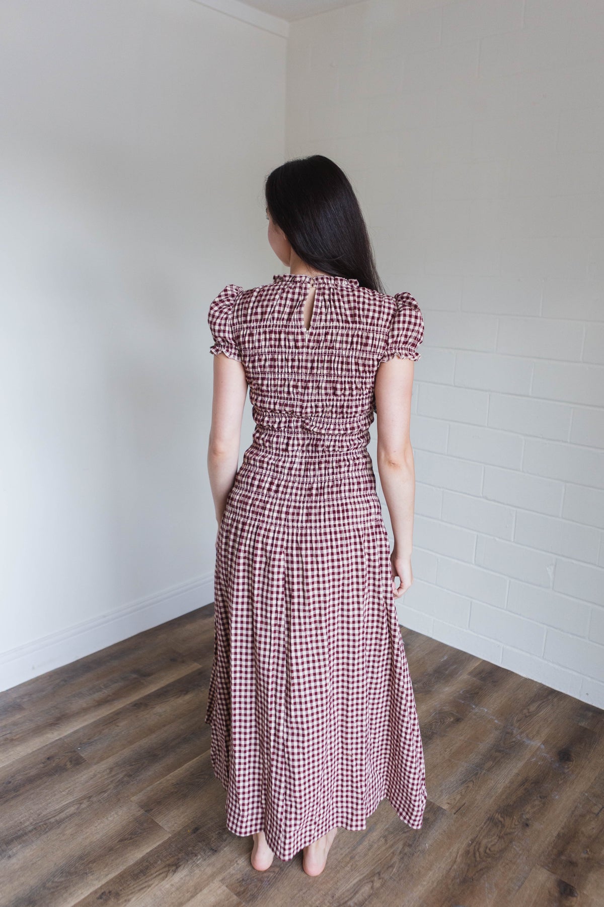 Burgundy Taupe Gingham Maxi Dress