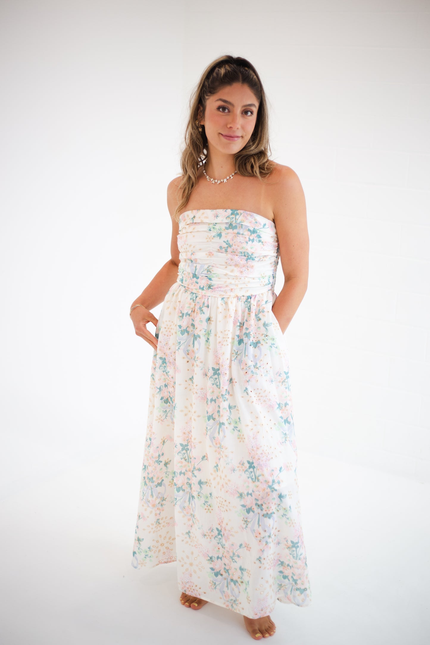 Spring Bloom Floral Lace Runched Maxi Tube Dress