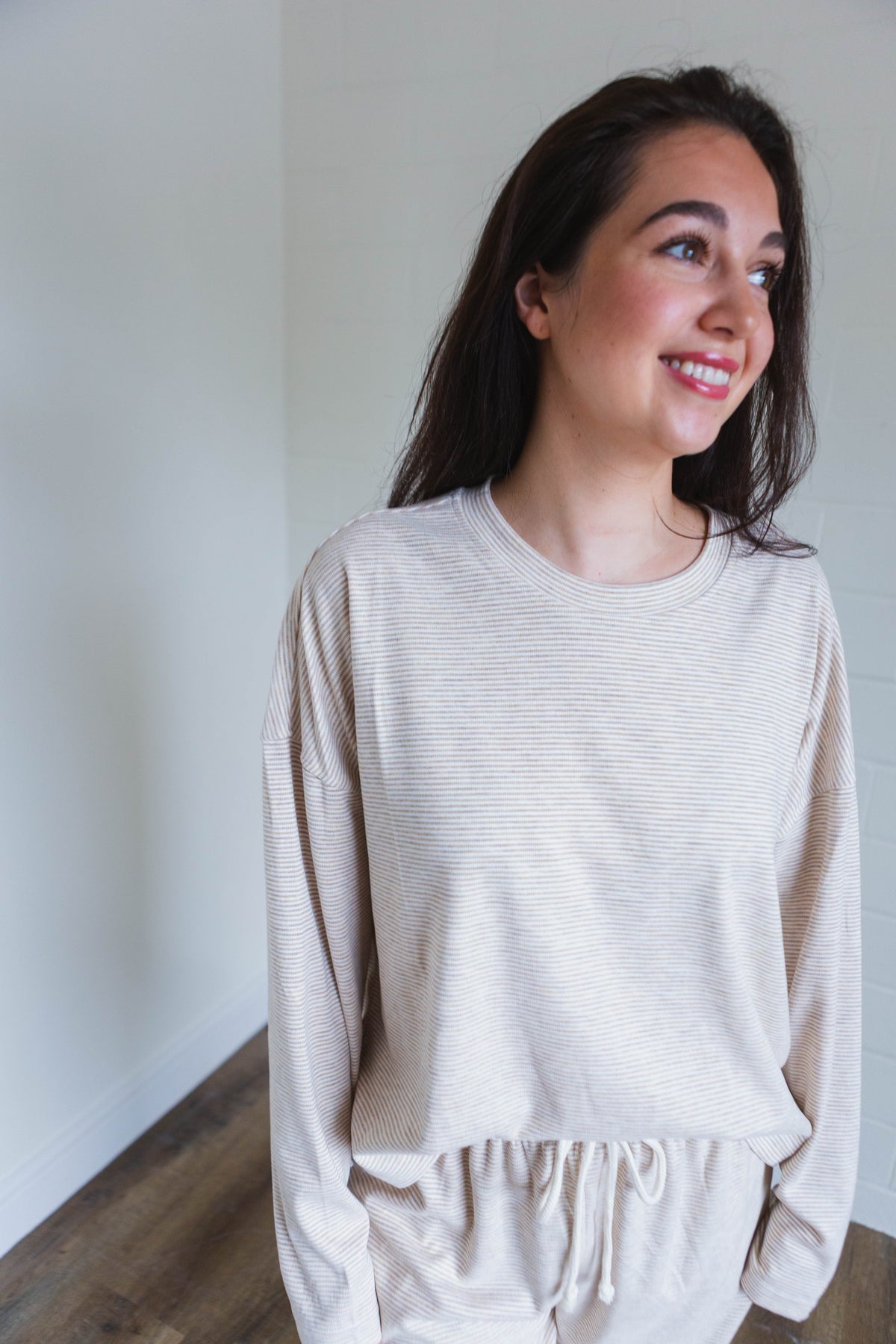 Taupe & Cream Striped Knit Top & Pants Set