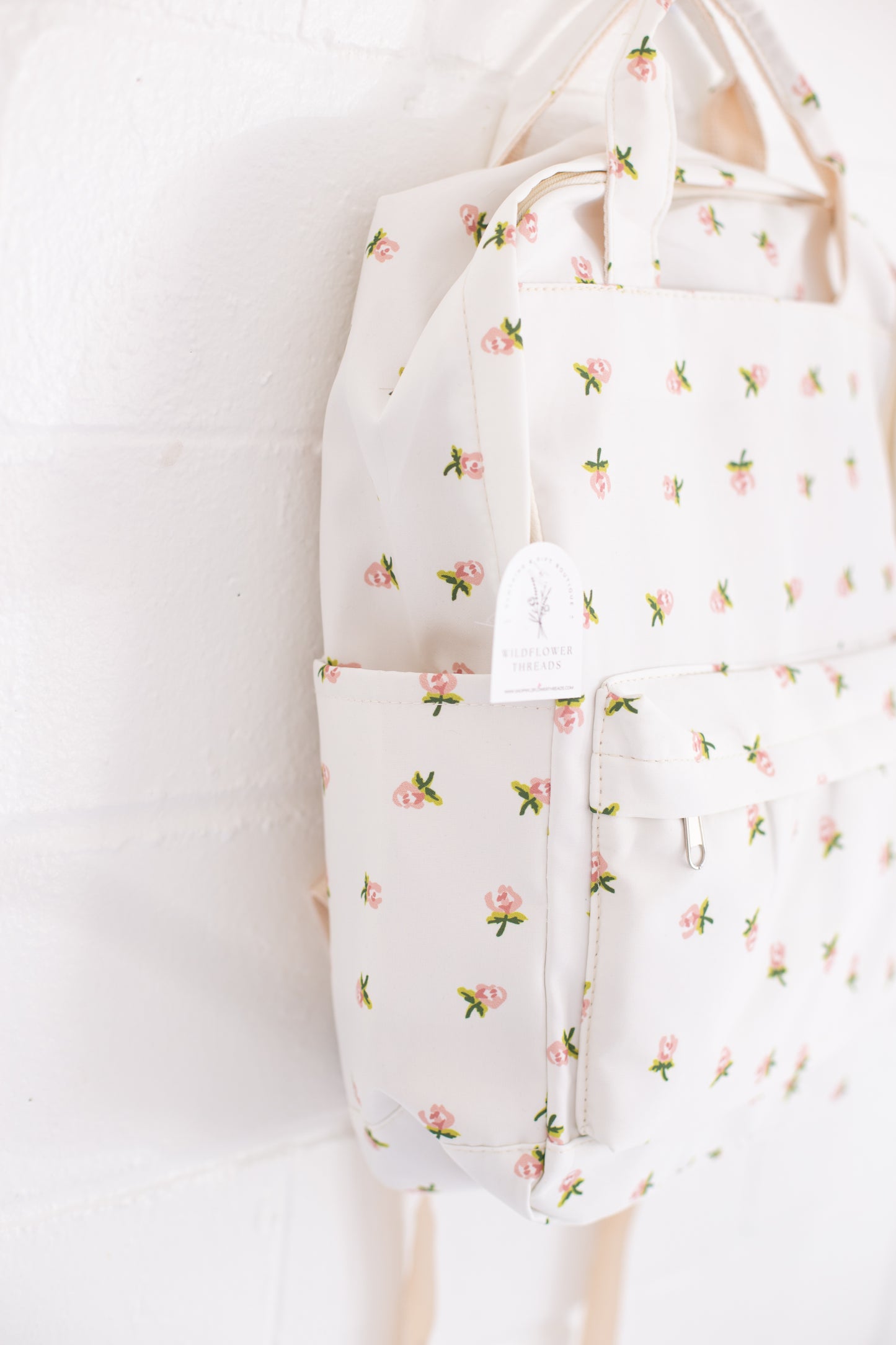 Cream Rose Print Canvas Backpack