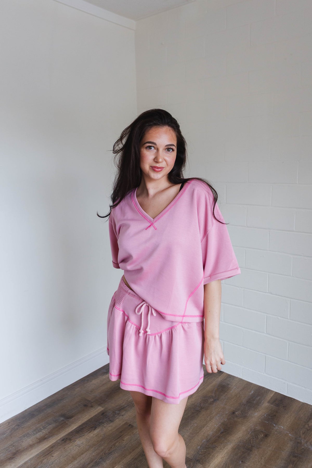 Soft Knit V-Neck Short Sleeve Set in Light Pink
