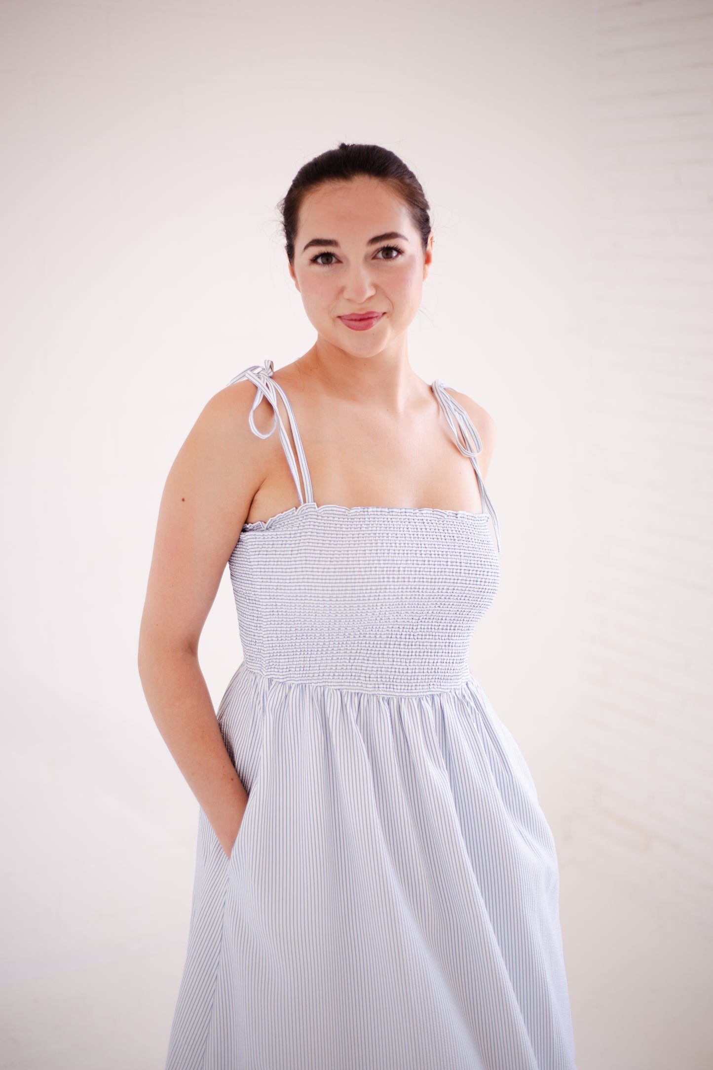 Blue & White Striped Self Tie Shoulder Straps Maxi Dress