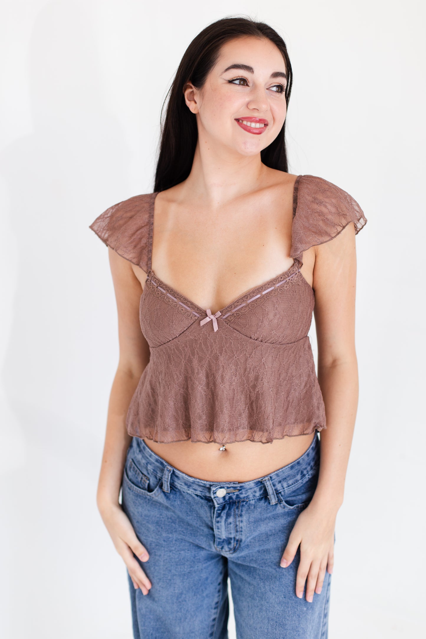 Mocha Lace Babydoll Cami Top
