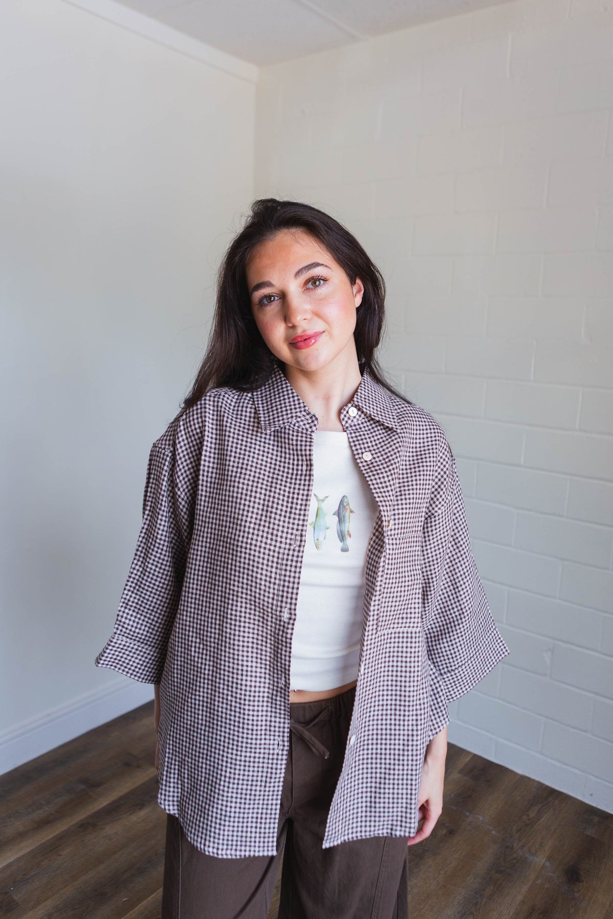 Brown Gingham Button Up Top