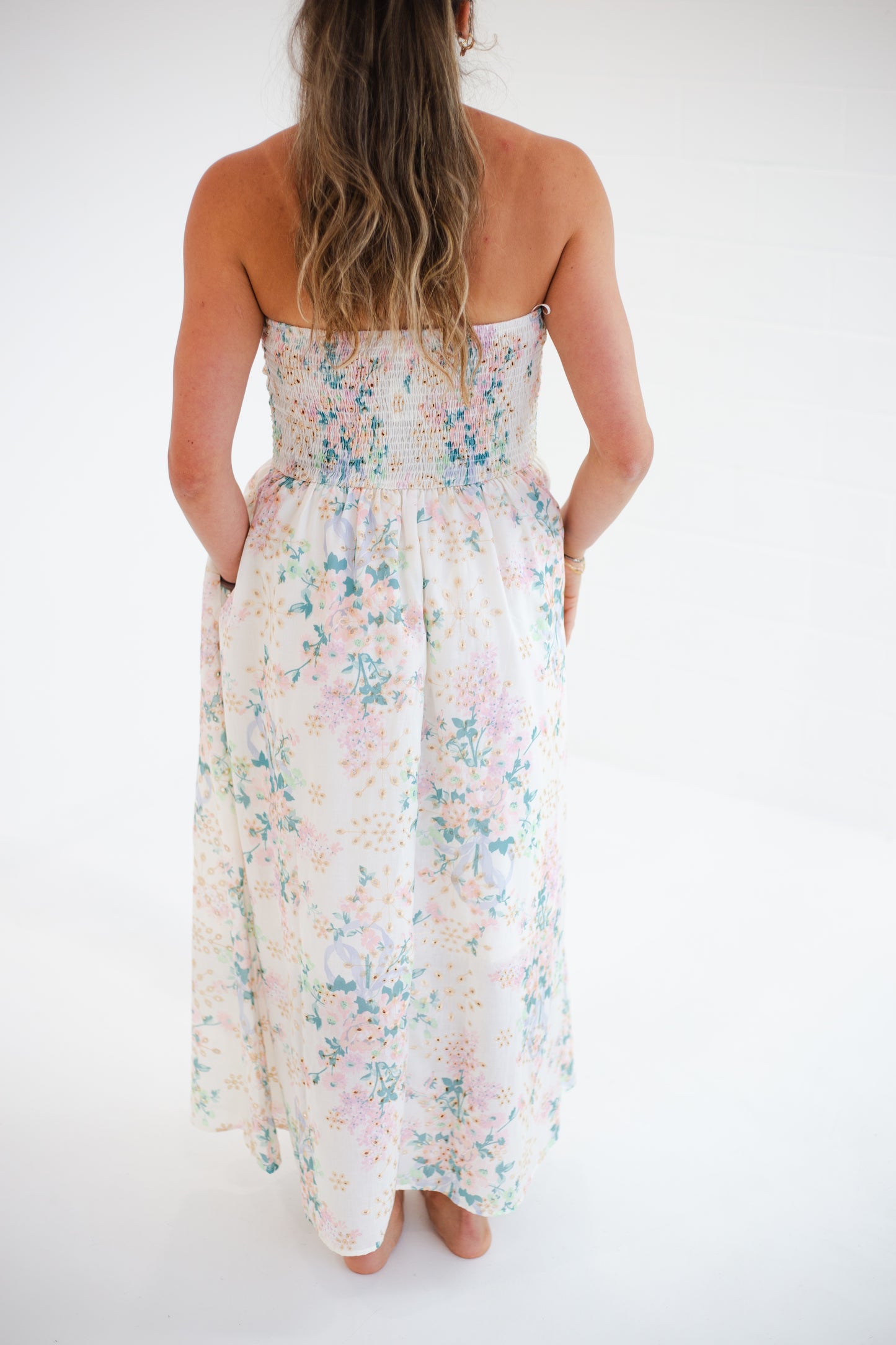 Spring Bloom Floral Lace Runched Maxi Tube Dress
