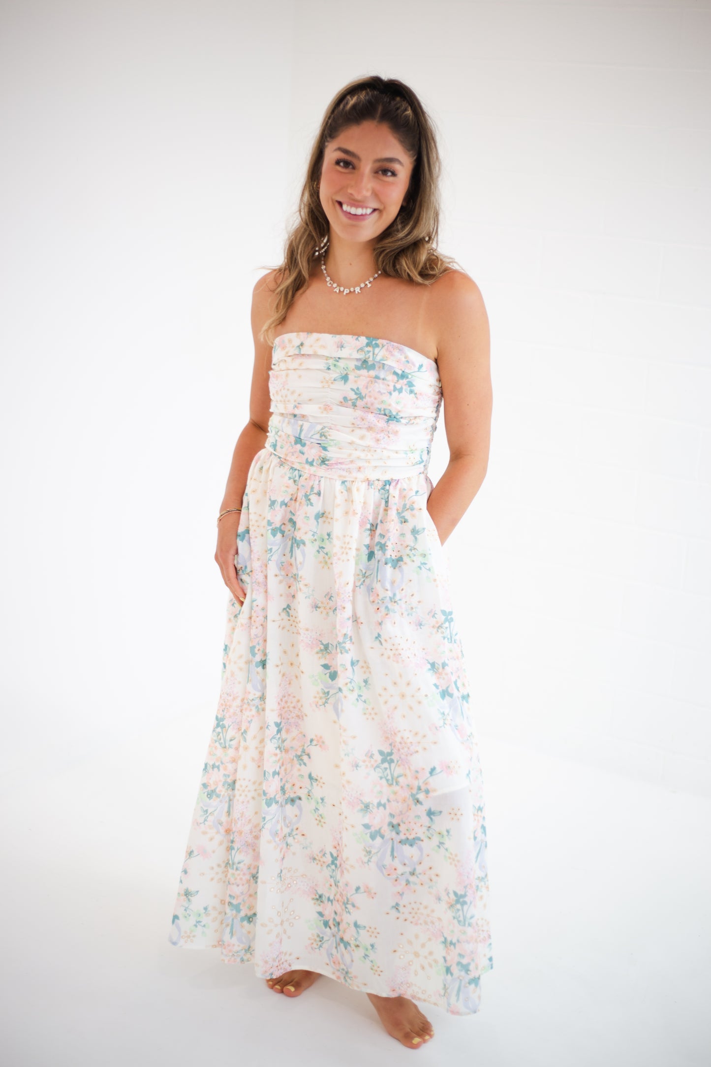 Spring Bloom Floral Lace Runched Maxi Tube Dress