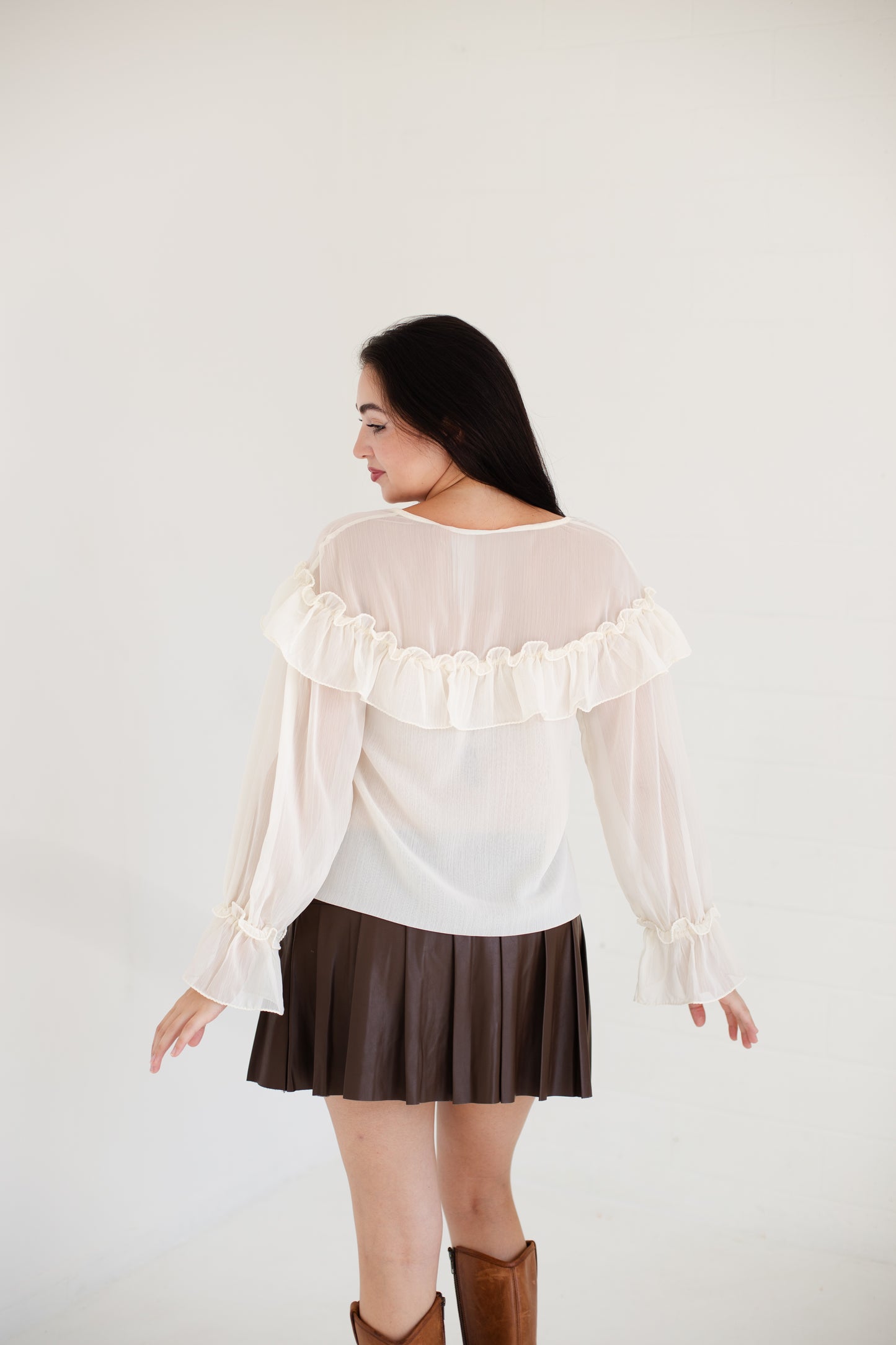 Ivory Sheer Long Sleeve Ties Ruffled Lace Blouse