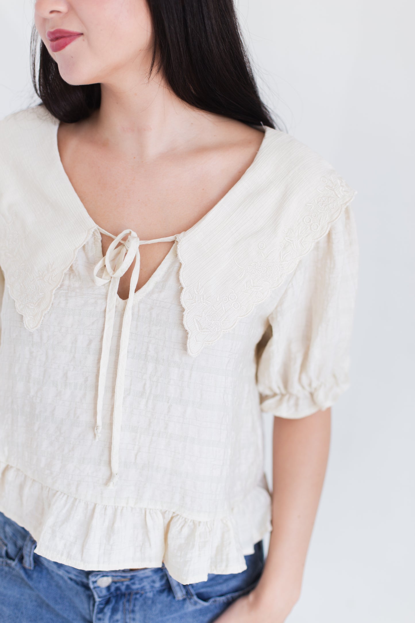 Natural Fablewood Embroidered Collar Top