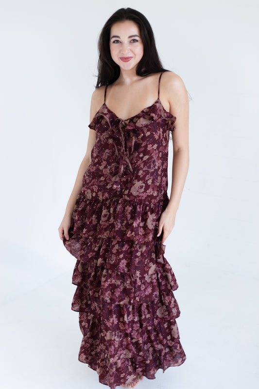 Wine Floral Print Ruffle Tiered Maxi