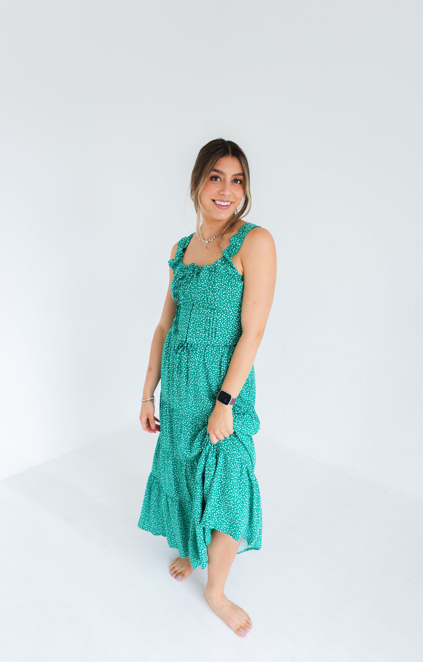 Green & White Daisy Pleated Detailed Floral Top &  Midi Skirt Set