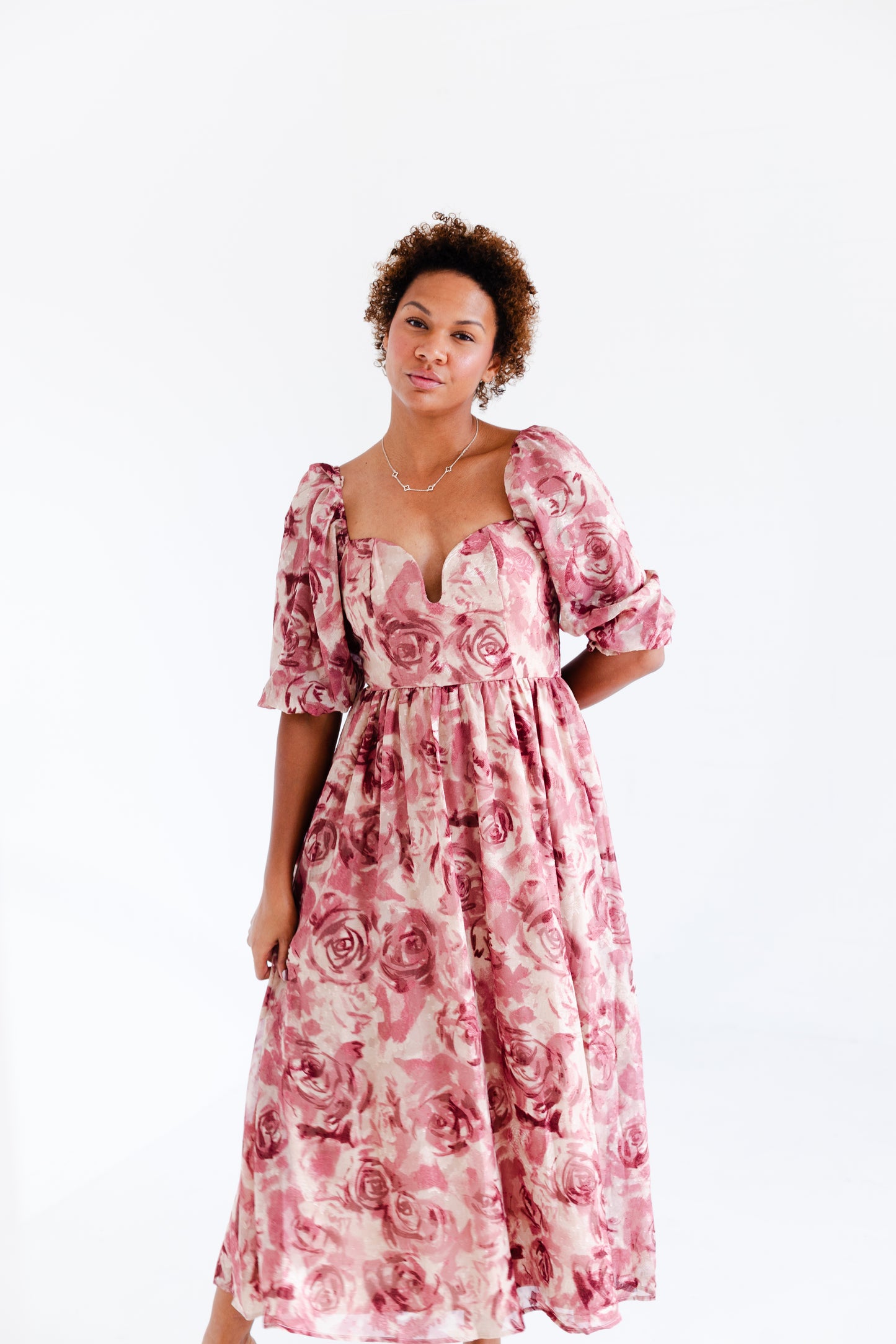 Beige Mauve Floral Textured Jacquared Midi Dress