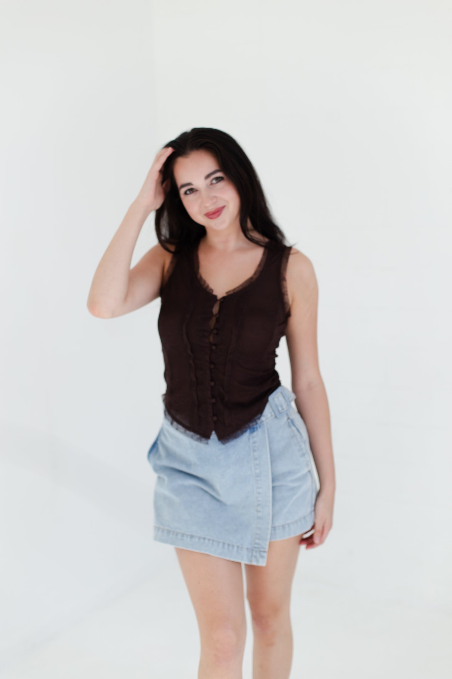 Chocolate Mesh Lace Button Down Sleeveless Top