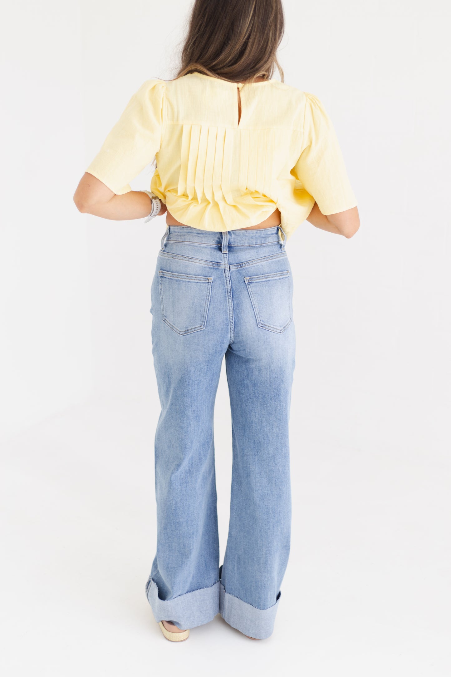 Medium Indigo 90s Stretch Cuffed Hem High Rise Straight Jeans