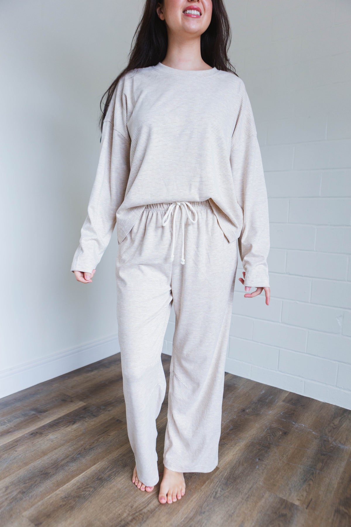 Taupe & Cream Striped Knit Top & Pants Set