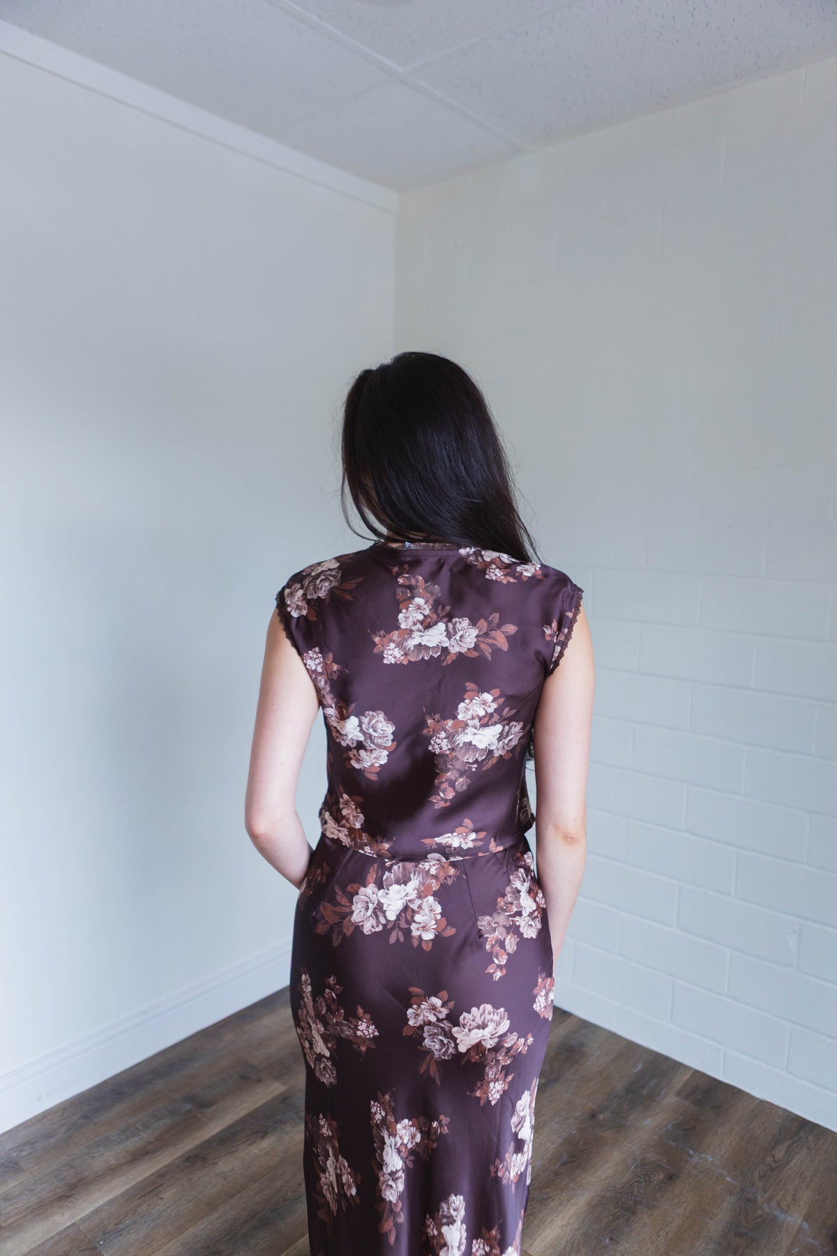Brown & Cream Floral Satin V Neck Top