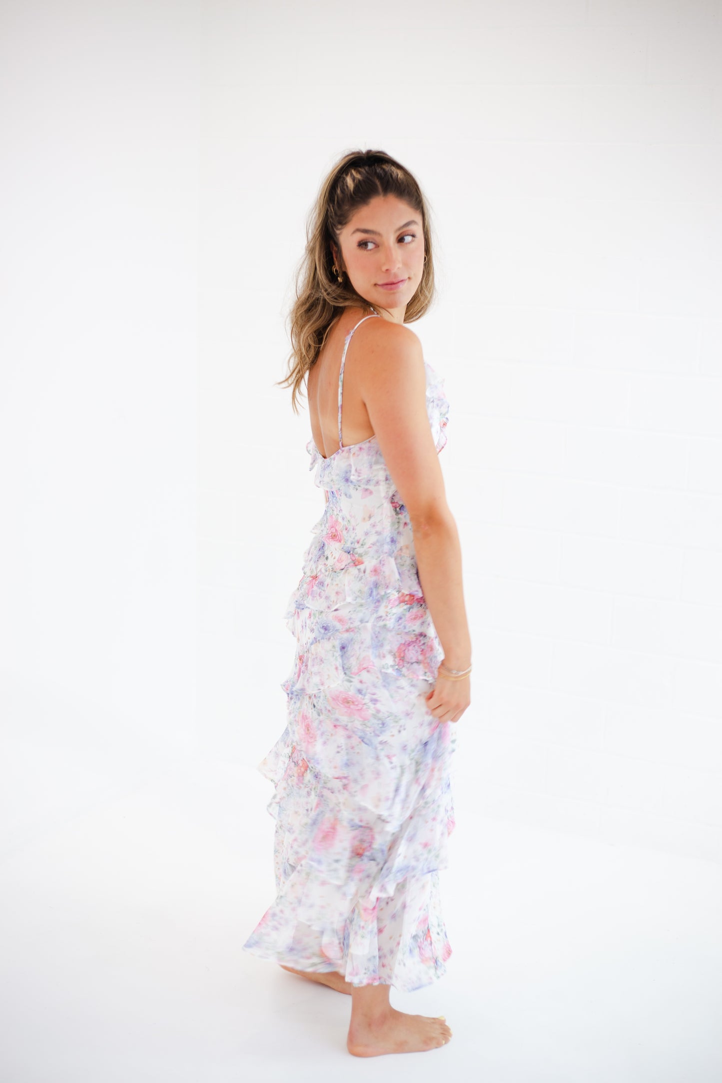White Floral Ruffled Maxi Dress