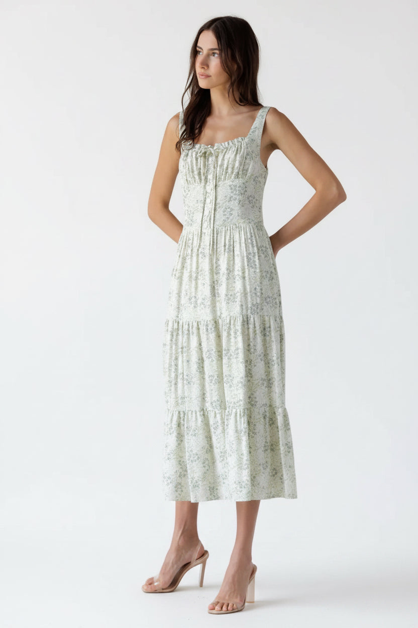 Ivory Green Floral Midi Dress